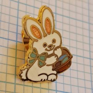White Easter Bunny Brooch Pin with Teal Bow and Gold Egg Basket Trim